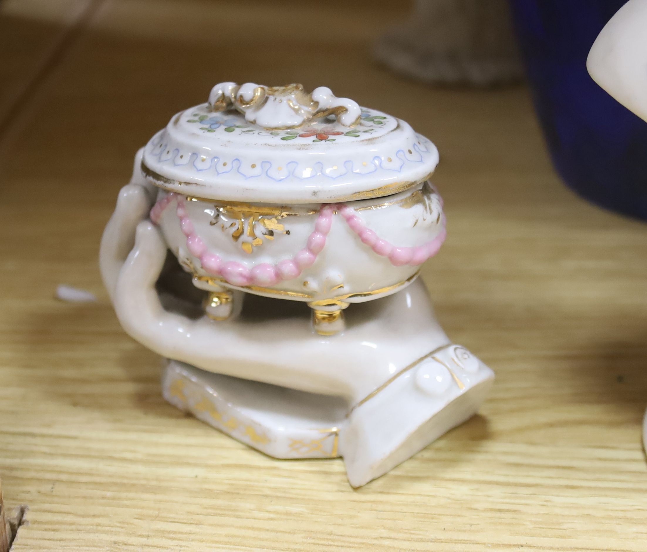 Mixed ceramics, overlaid glass vase and a Victorian oil lamp
